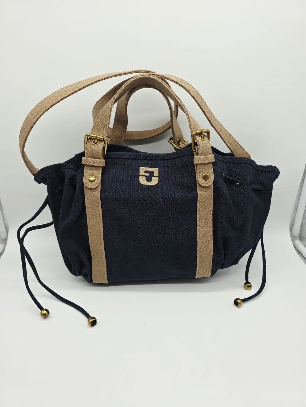 Gerard Darel 18H Canvas Tote Satchel in Blue with Tan Accents